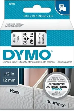 Low Price DYMO 45013 D1 Electronic Tape Cartridge White Text on Black Label 23 ft 1/2 in