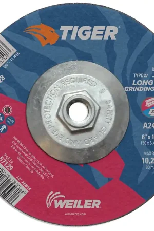 Weiler 57128 Tiger 6 Grinding Wheel Type 27 1/4 Thick A24R 5/8-11 UNC Nut Pack of 10 Bargain