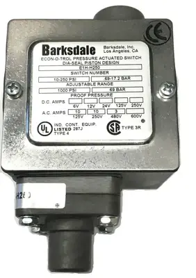 Certified Barksdale E1H-H250 Housed Pressure Switch 10/250 PSI