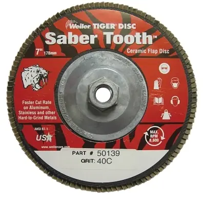 Weiler 50139 Tiger Saber Tooth Ceramic High Density Abrasive 7 in dia 40 Grit 5/8 in-11 UNC Nut Flash Sale