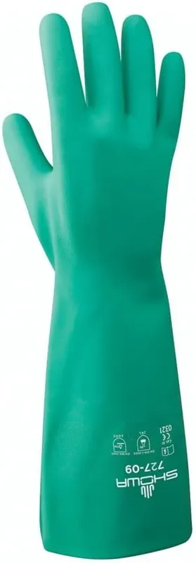 SHOWA 727-07 Nitrile Unlined Chemical Resistant Safety Work Glove Size 7/Small Green Gauntlet Cuff Sale