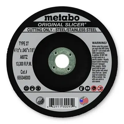 Last Chance Metabo 655346000 Original Slicer Cutting Wheel 4-1/2 inches Diameter 7/8 inches Arbor 60 Grit
