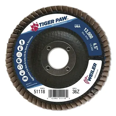Weiler 51118 Tiger Paw TY29 Coated Abrasive Flap Disc 36 Grit 4.5 Inches 7/8 Arbor Best Price