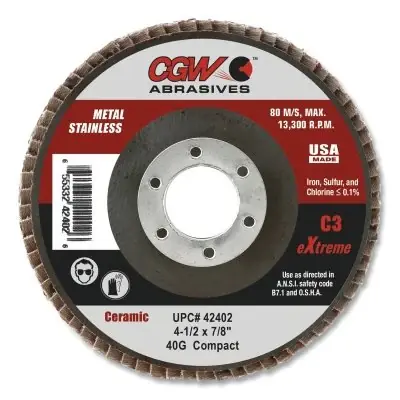 CGW Abrasives 42402 C3 Ceramic Flap Disc 40 Grit 4-1/2 in Dia 7/8 in Arbor 13300 RPM Weekend Sale
