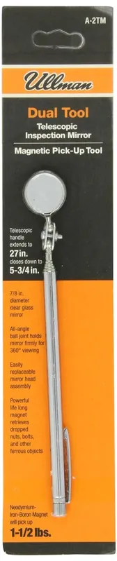 Ullman A-2TM Circular Telescopic Pocket Inspection Mirror with Magnetic Pick-Up Tool, 7/8 Diameter, 5-3/4 to 27 Extended Handle Length Genuine