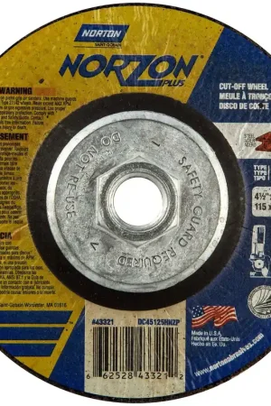 Brand New Norton 66252843321 4-1/2x.125x5/8-11 in. NorZon Plus SGZ CA Right Angle Cut-Off Wheels, Type 27/42, 24 Grit, 10 Pack